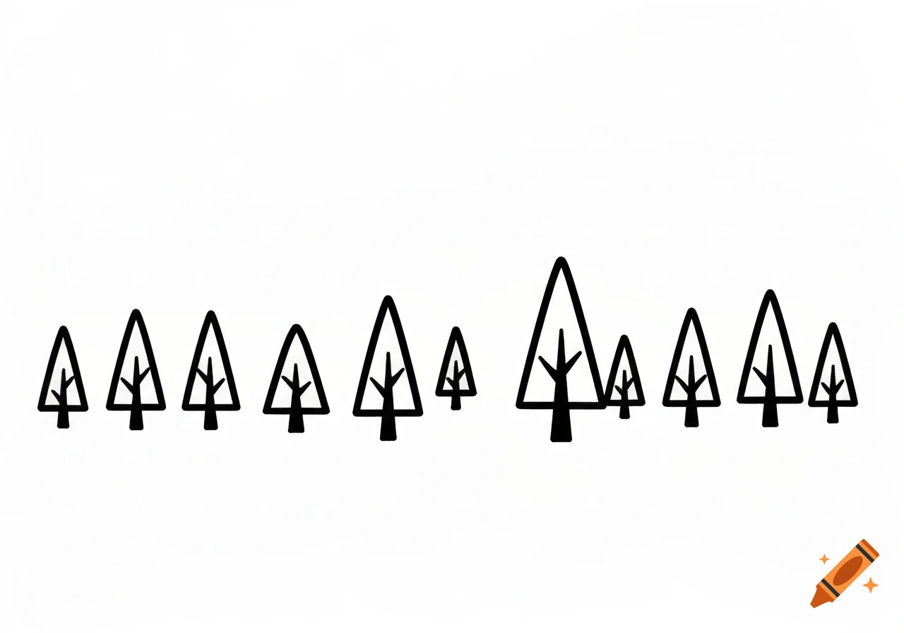 A minimalist illustration featuring eleven black outline trees of varying sizes against a plain white background, in a children's drawing style.