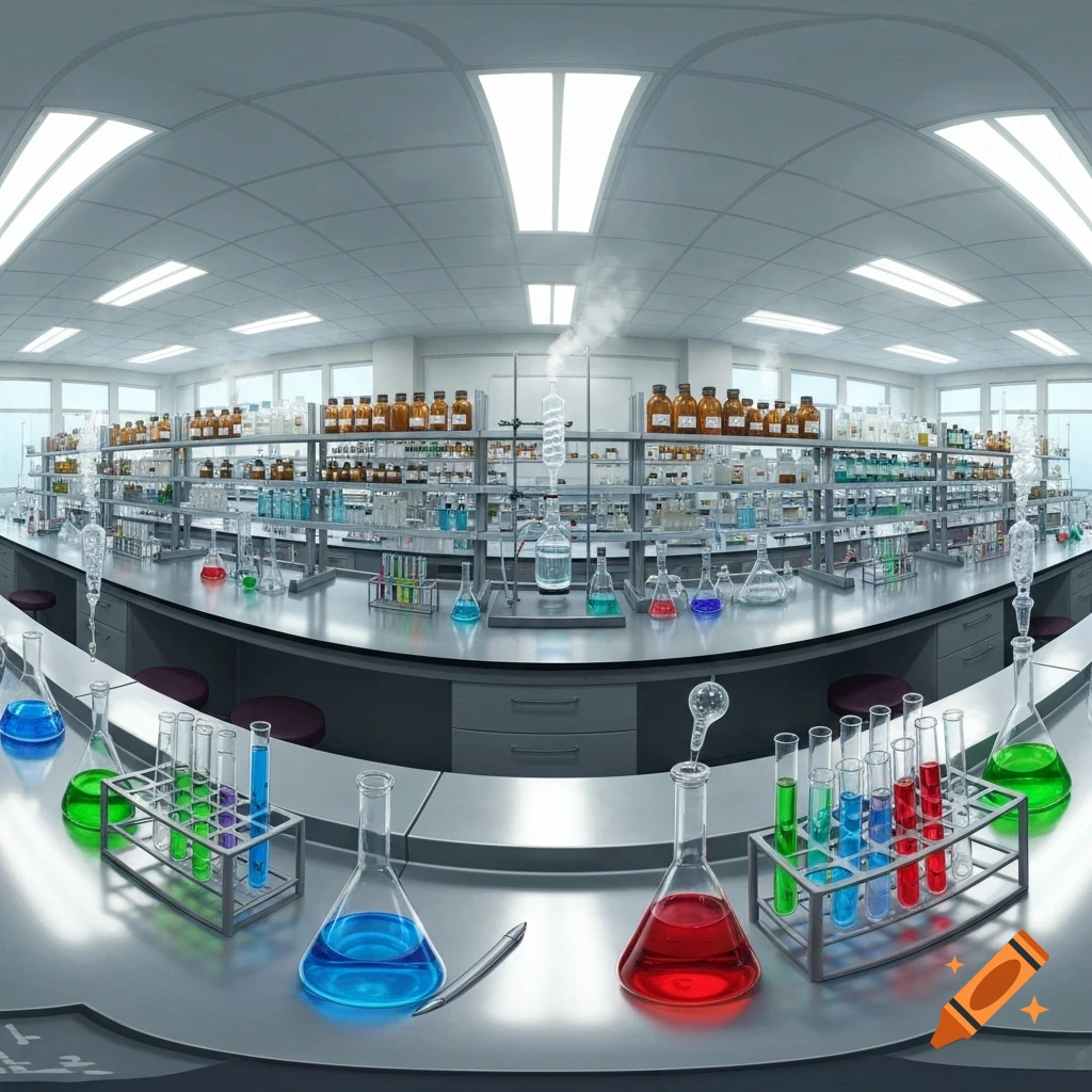 A 360-degree view of a modern chemistry laboratory filled with colorful beakers, flasks, and chemicals on metal countertops.