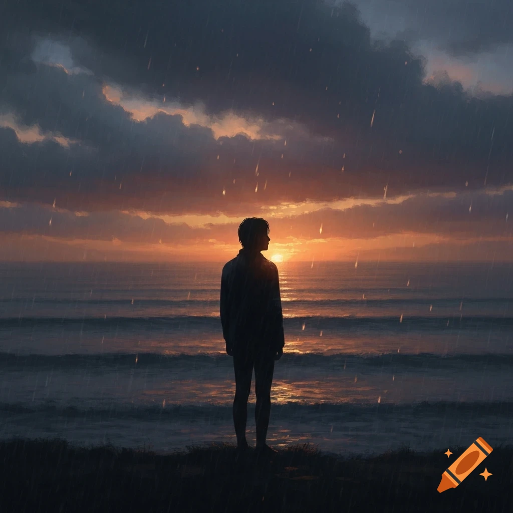 A silhouetted person stands by the ocean at sunset, with rain falling. Dark clouds are in the sky.