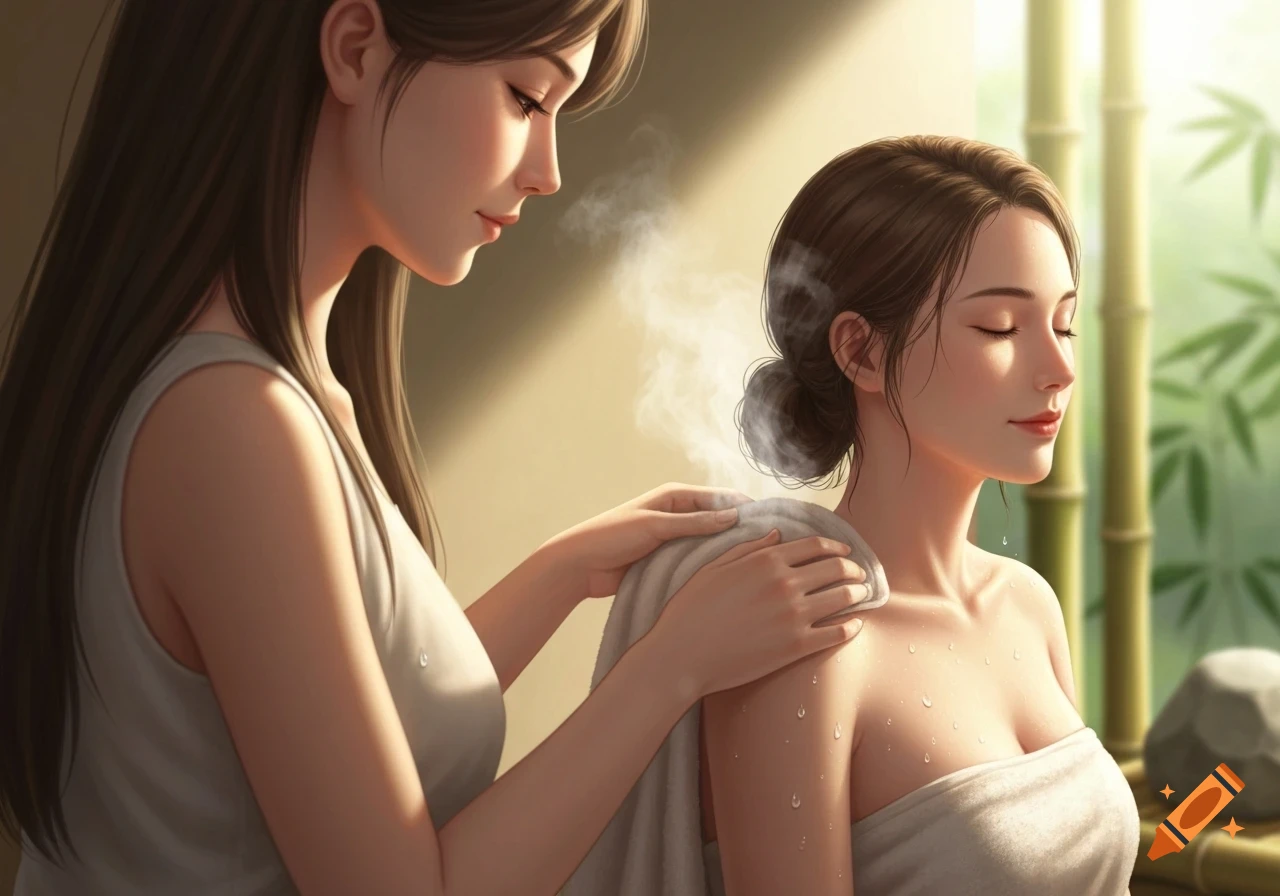 Anime woman gives another woman a warm towel massage in a steamy spa with bamboo.