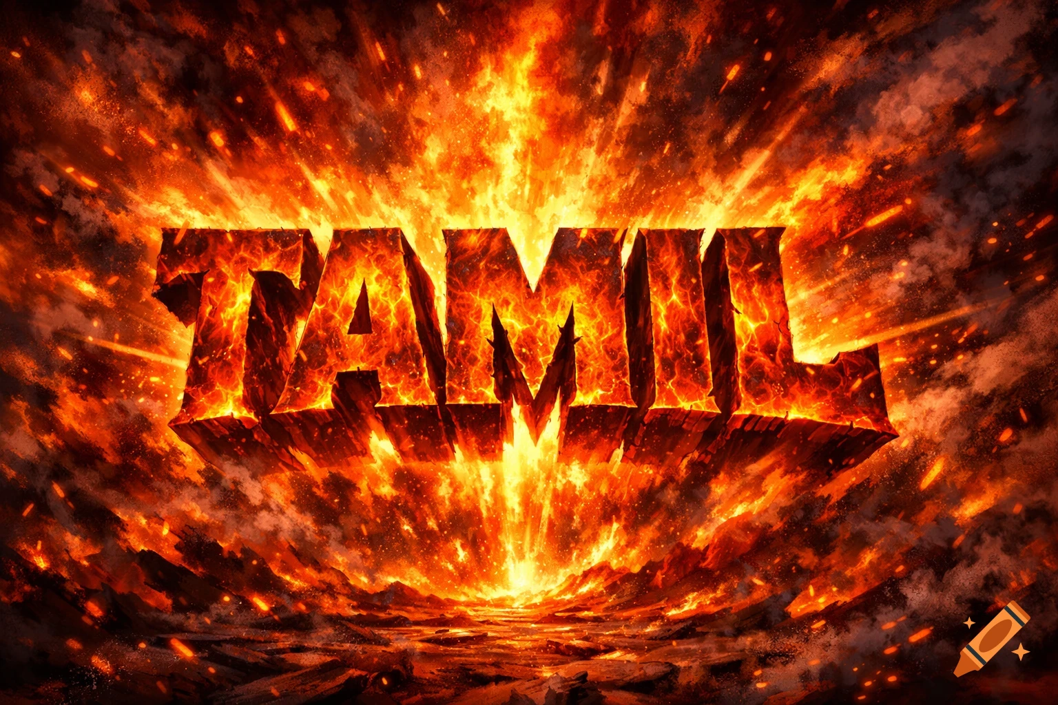 Fiery 3D text spelling 'TAMIL' emerges from an explosive, burning background.