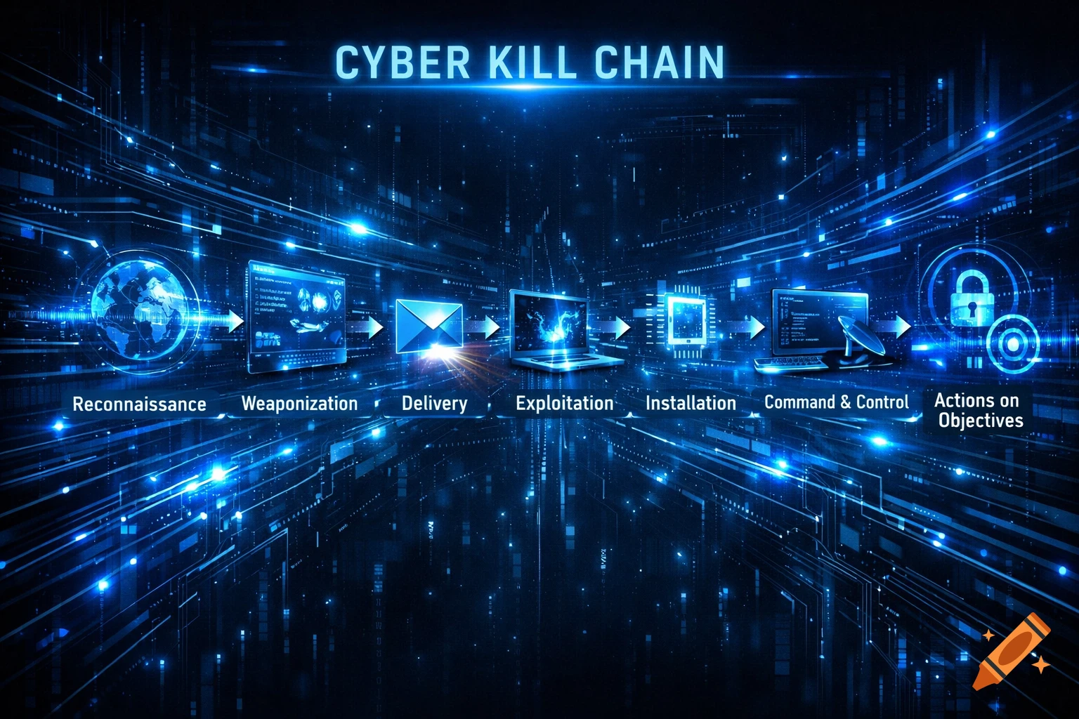 A futuristic blue diagram illustrating the 'Cyber Kill Chain' with distinct stages like Reconnaissance, Weaponization, Delivery, Exploitation, Installation, Command & Control, and Actions on Objectives, each represented by icons and connected by glowing lines.