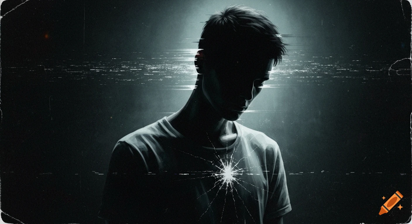 Dark grunge portrait of a man looking down, face obscured by shadow, with glitch effects and a shattered glass pattern on his chest.