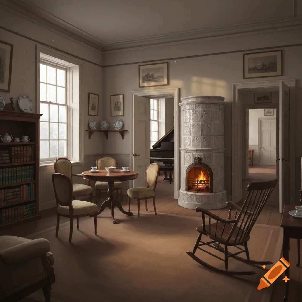 A cozy, photorealistic traditional living room with a lit fireplace, bookshelves, a rocking chair, and a piano visible through a doorway.