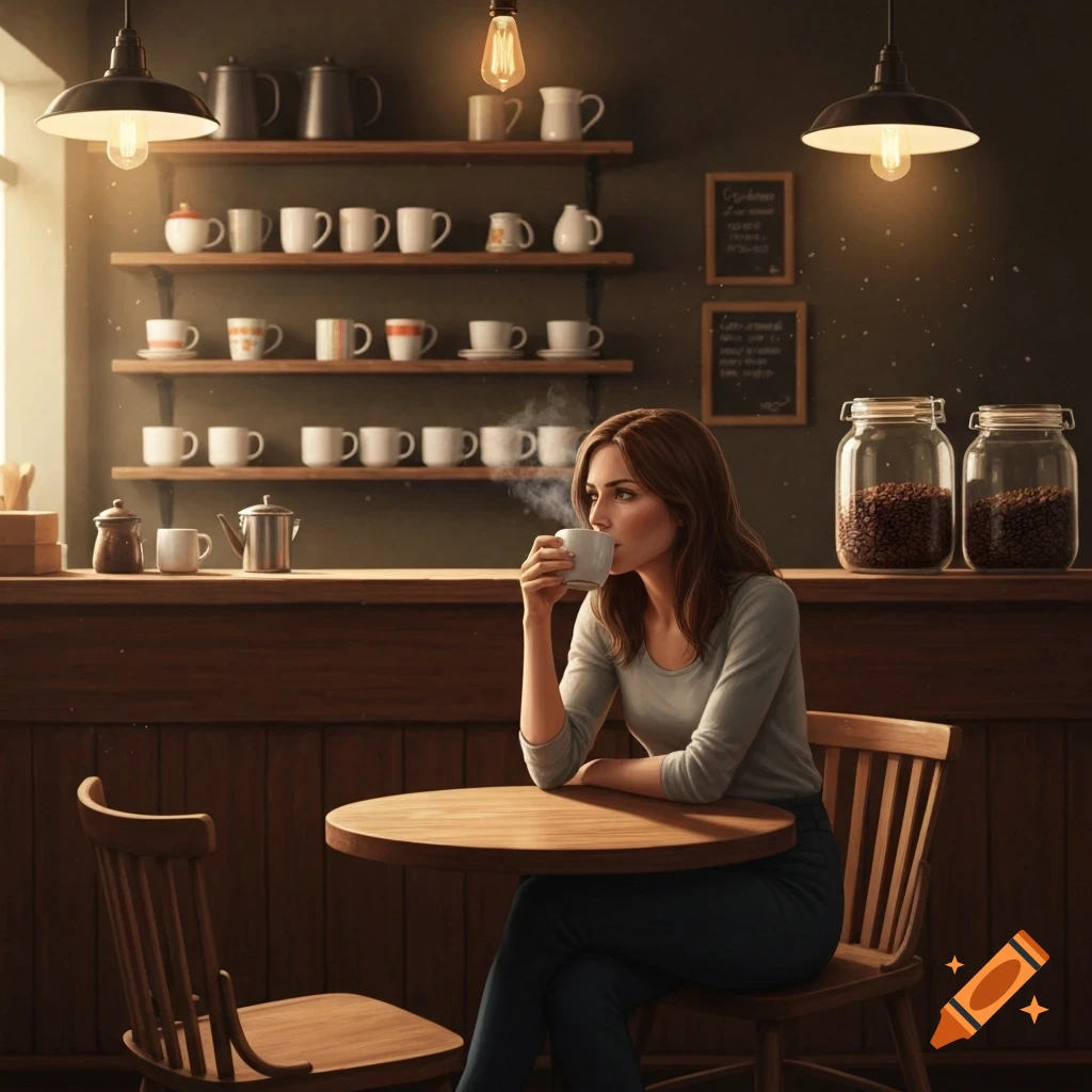A woman sips coffee at a wooden table in a cozy coffee shop with shelves of mugs and large jars of coffee beans.