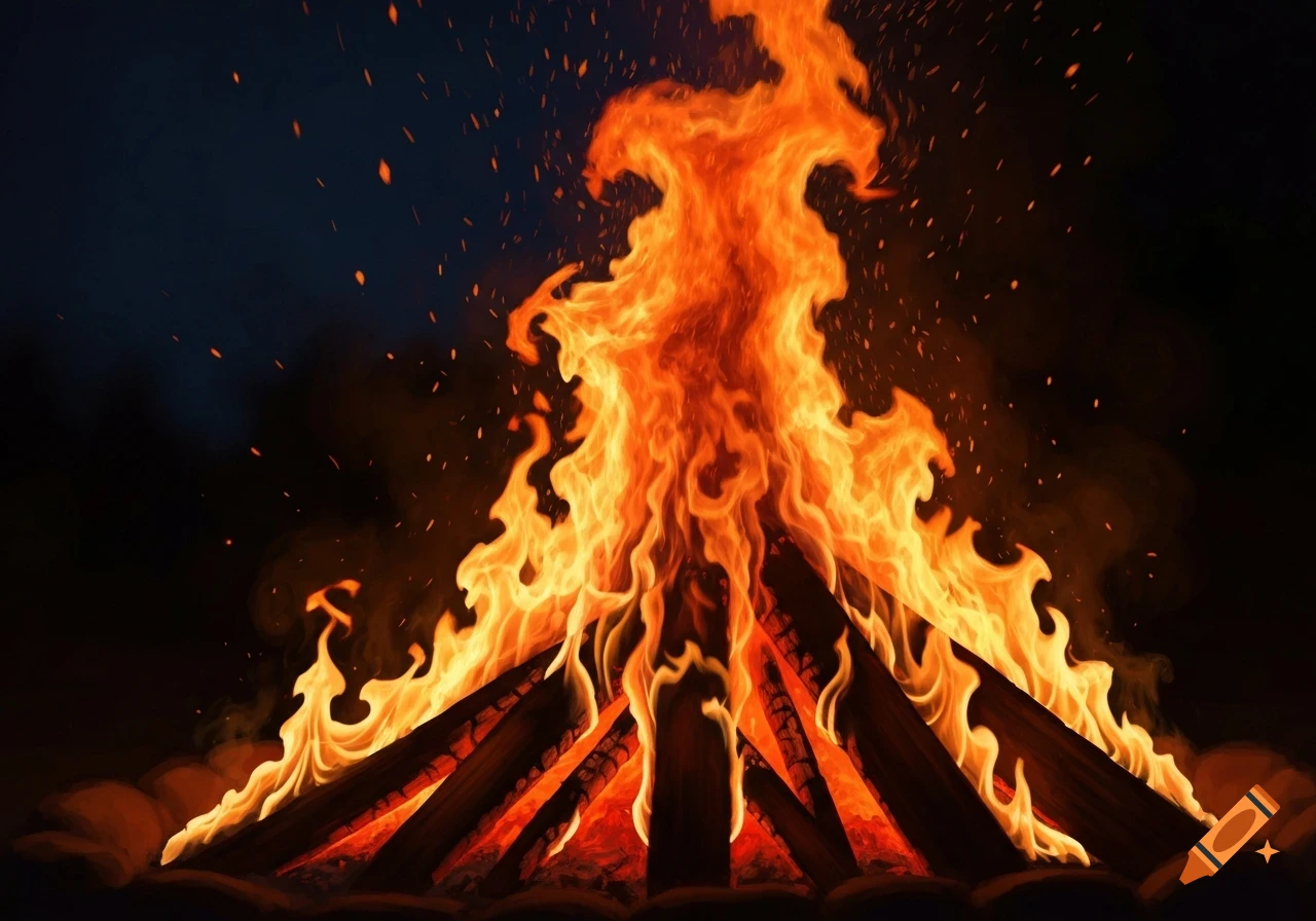 A large bonfire with bright orange and yellow flames burning fiercely against a dark night sky, with sparks flying.