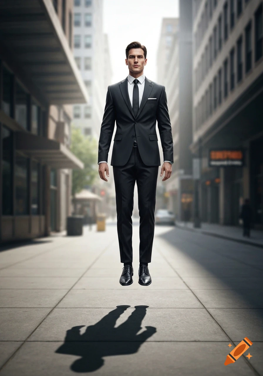 A man in a black business suit levitates above a city sidewalk, casting a shadow below him.