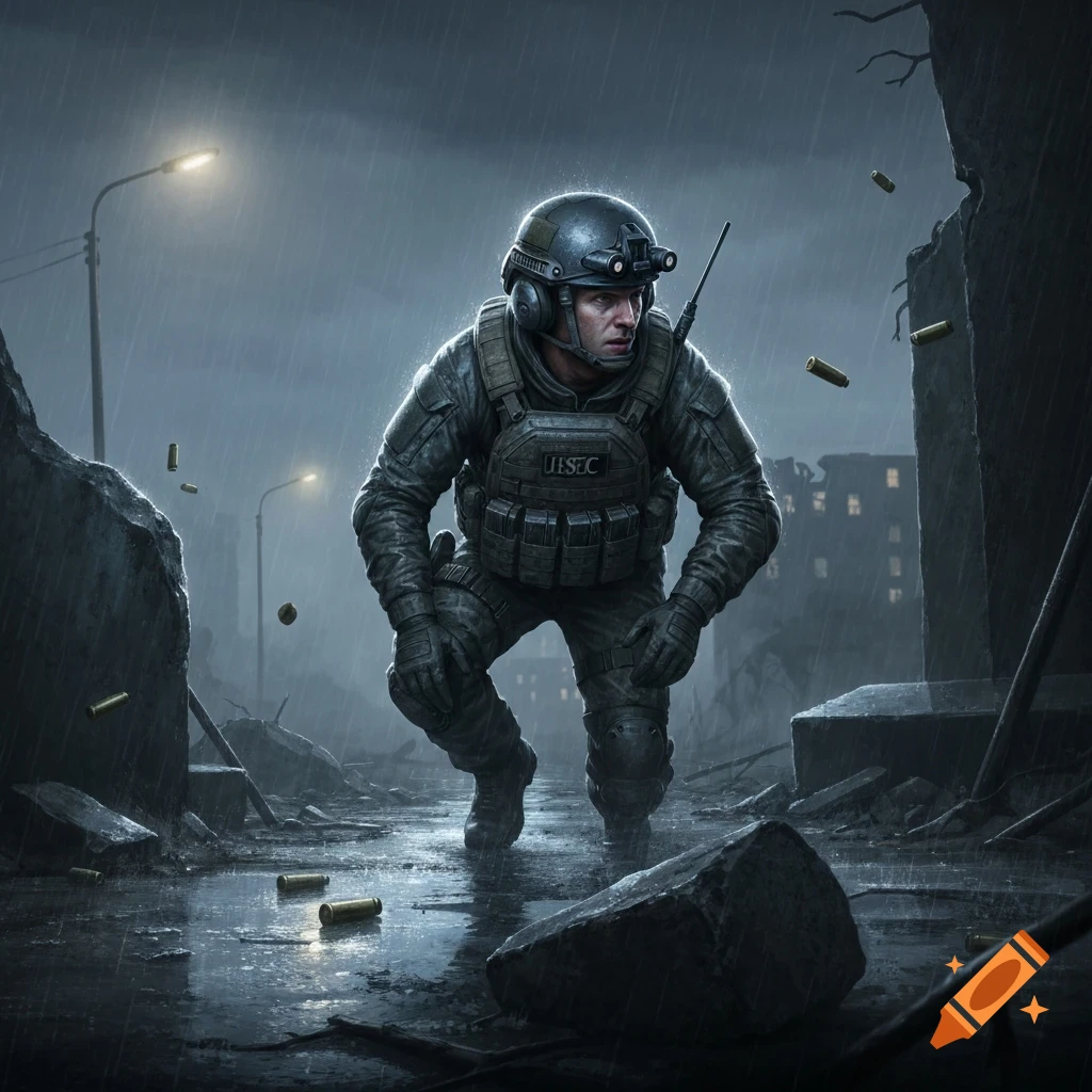 A heavily armored soldier in tactical gear crouches in a rainy, war-torn urban environment with bullet casings scattered on the wet ground.