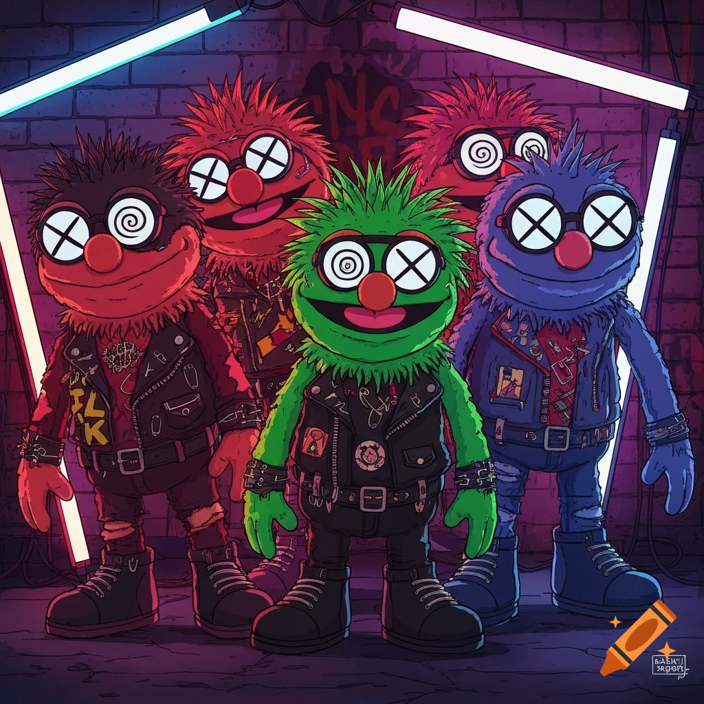 Five muppet-like punk rock characters with X-eyes or spiral eyes, wearing leather jackets, stand under neon lights against a brick wall.