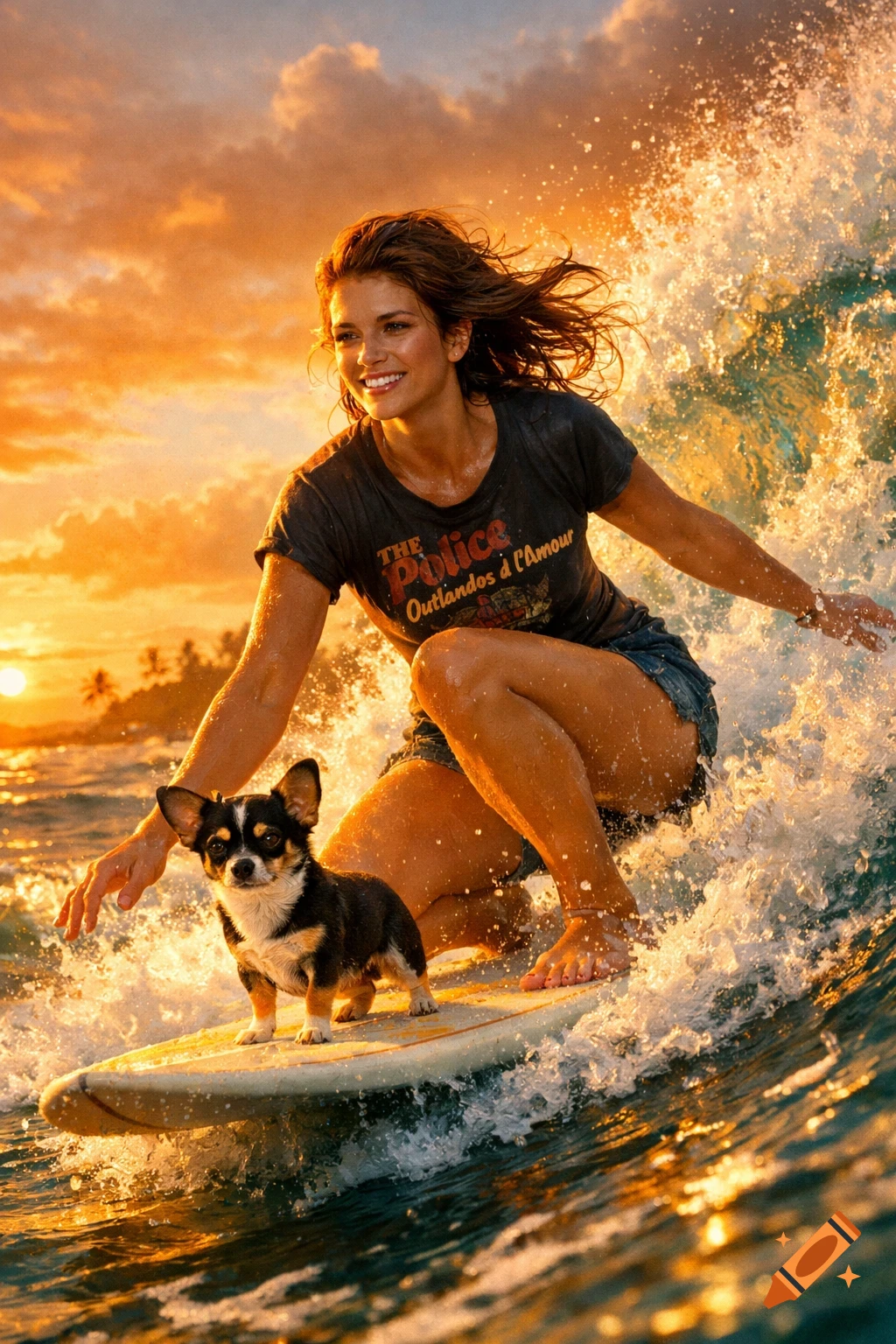 A smiling woman surfs a wave with a small chihuahua on her board at sunset, wearing a t-shirt that says "The Police Outlandos à L'Amour".