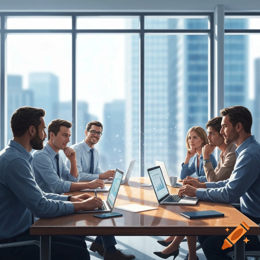 Business professionals in a modern office meeting, working on laptops around a conference table with a city view.