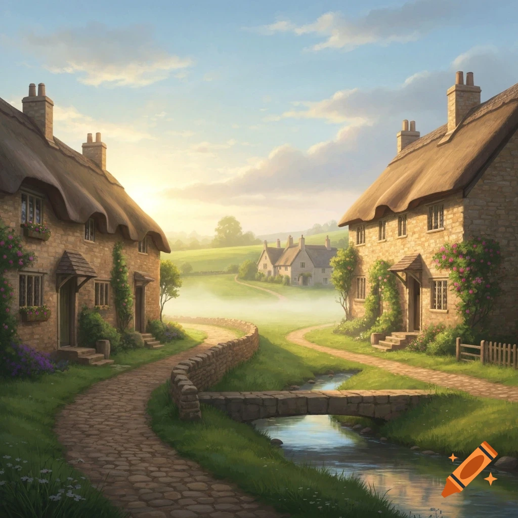 A serene painting of an English village with stone cottages, winding path, stream with a bridge, and misty green hills under a bright sky.