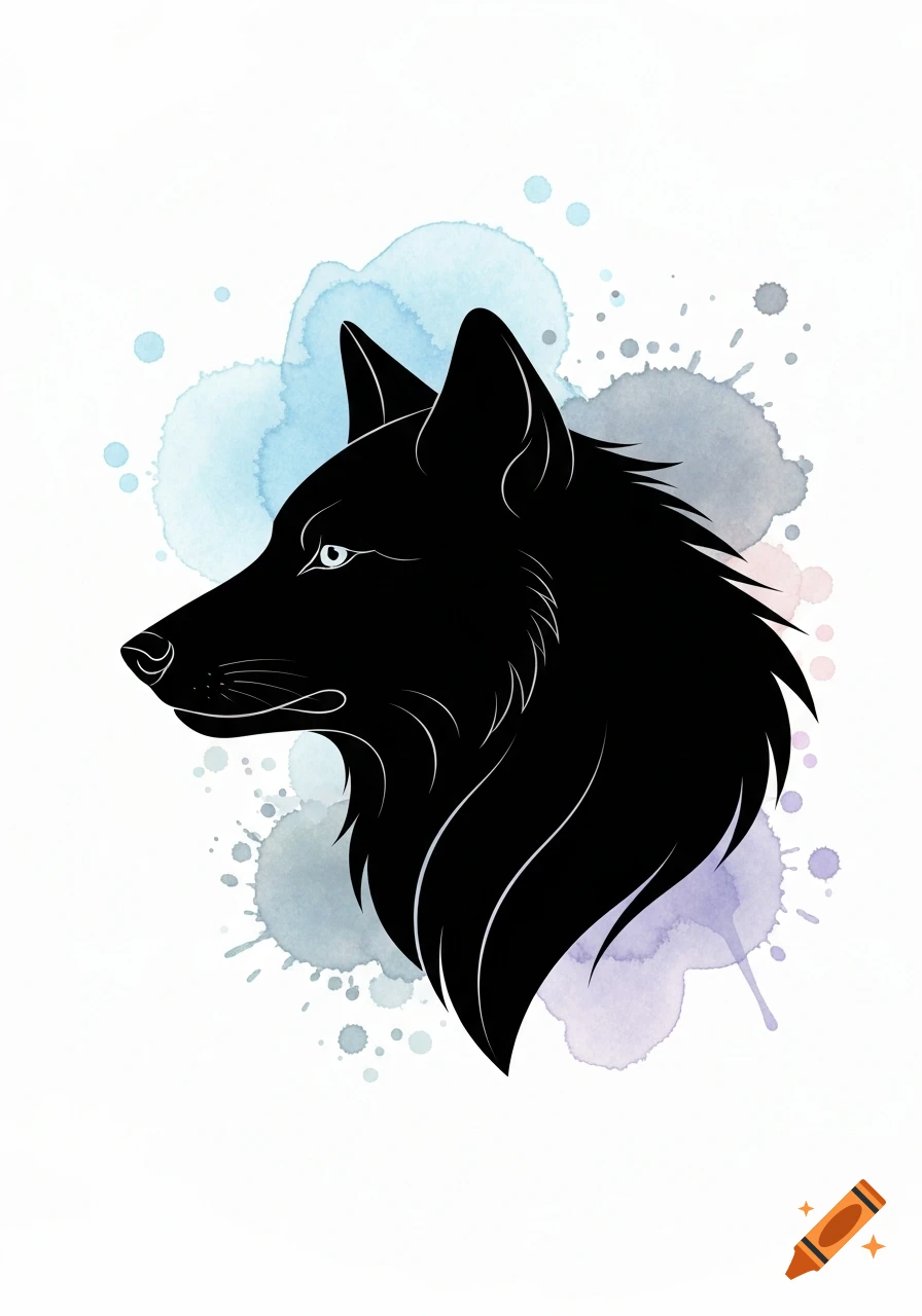 Stylized black wolf silhouette with white line details on a watercolor background of blue, grey, and purple splashes.