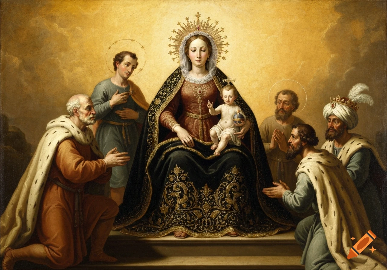 Baroque oil painting of the Virgin Mary on a throne, holding Baby Jesus, surrounded by Saint Joseph and the Three Wise Men kneeling in adoration.