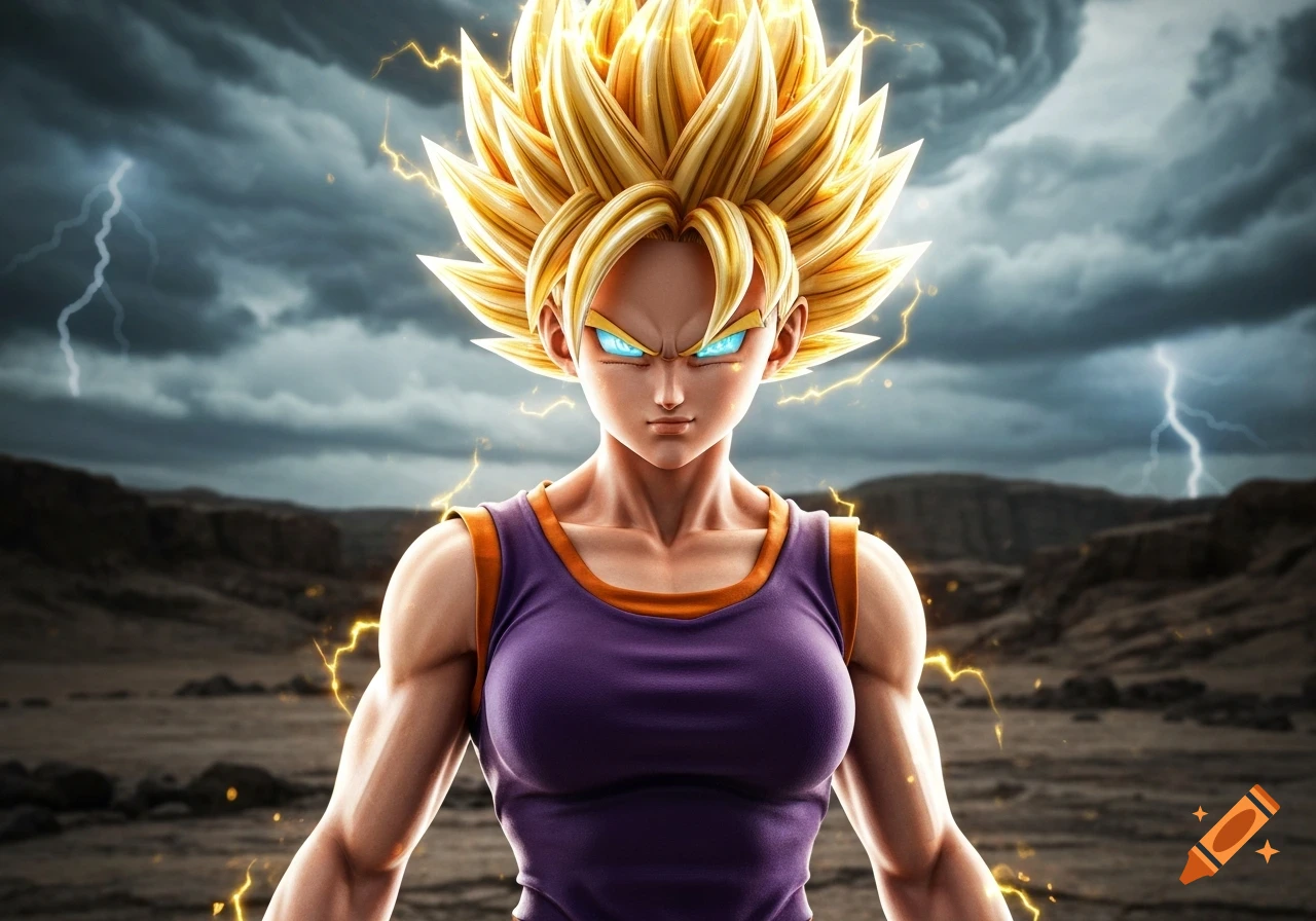 A muscular female Super Saiyan with spiky golden hair and glowing blue eyes in a purple tank top stands in a stormy, lightning landscape.
