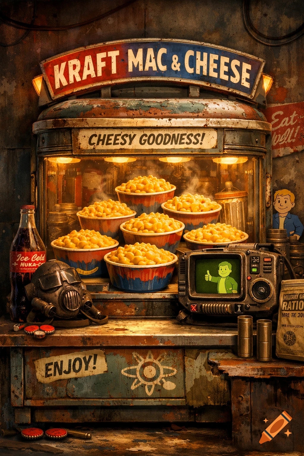 A retro-futuristic, post-apocalyptic display stand featuring glowing bowls of Kraft Mac & Cheese, Nuka-Cola, a gas mask, and a Pip-Boy displaying Vault Boy, all in a Fallout theme.