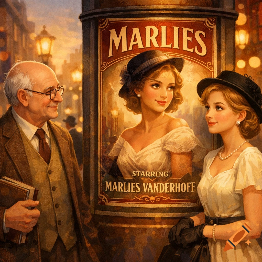 An old man looks at a young woman next to a vintage theater poster featuring another woman, on a warm, illuminated city street illustration.