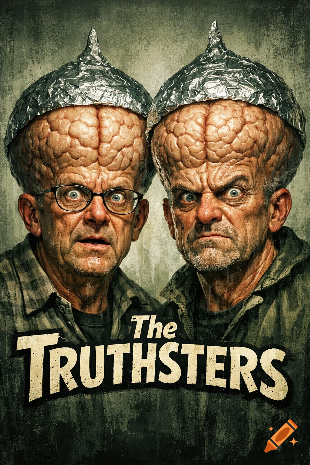 Two men with oversized, exposed brains and tin foil hats stare intensely, one surprised and one angry, with the title 'The Truthsters' below. Photorealistic style.