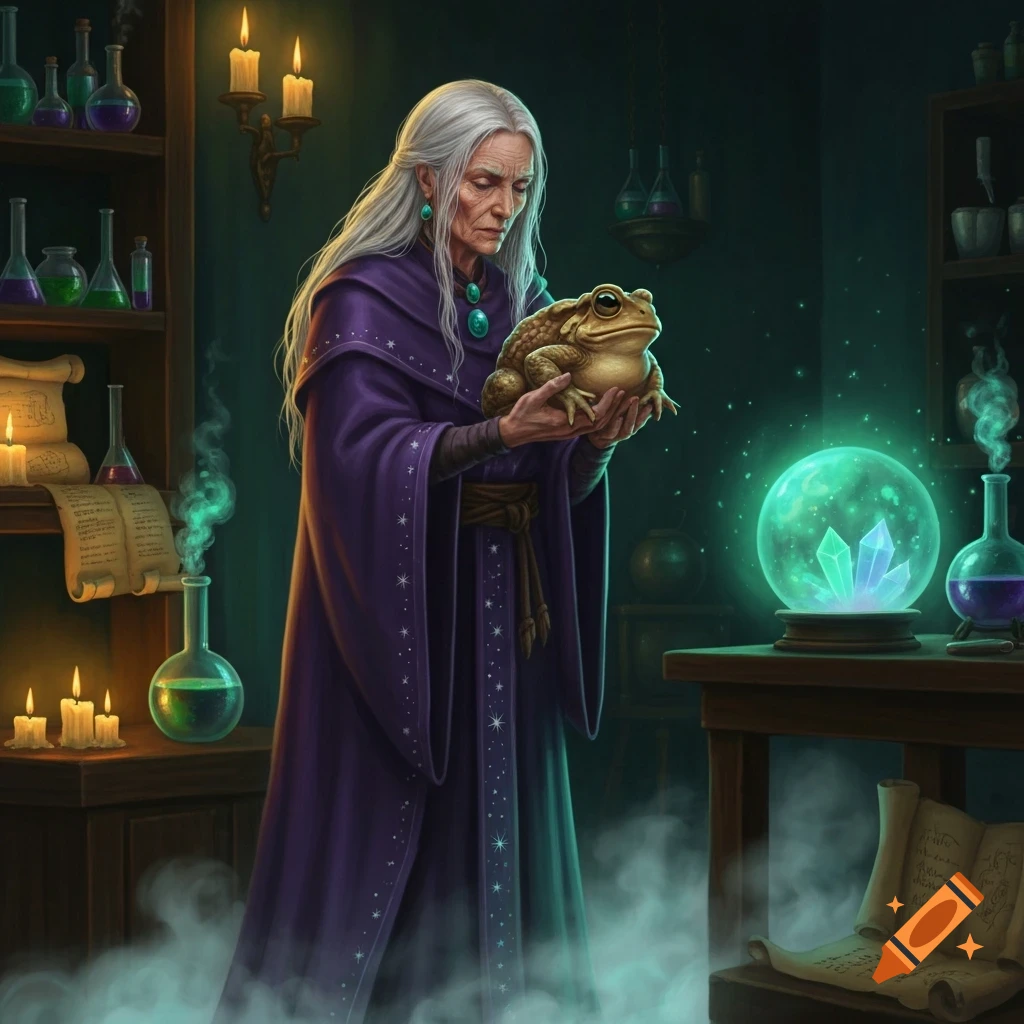 An elderly witch with long white hair in a purple robe holds a toad in a dimly lit potion laboratory with glowing bottles and a magic crystal ball.