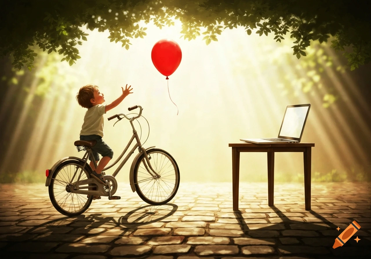 Illustrative image of a boy on a bicycle reaching for a red balloon, with a laptop on a table in a sunlit outdoor scene.