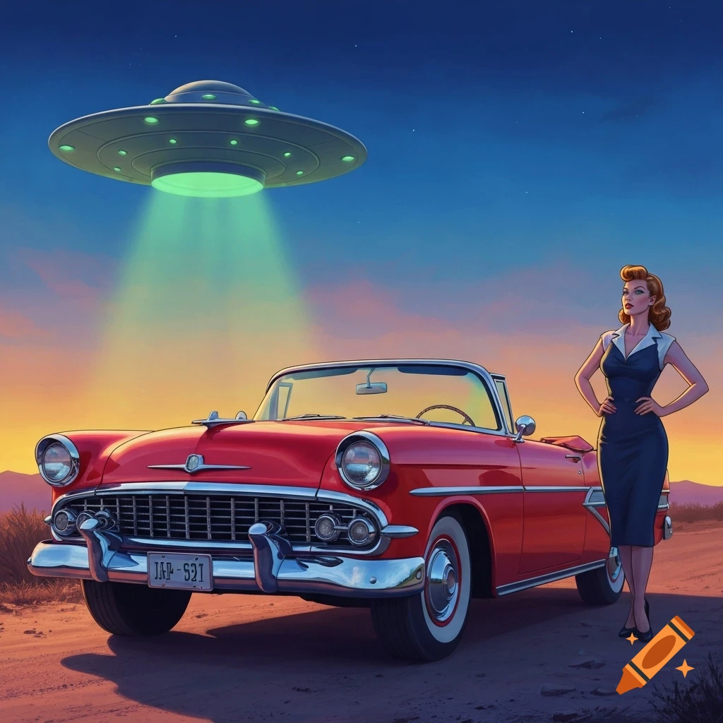 A retro-style poster with a woman in a dress next to a red classic car, looking up at a UFO beaming light down.