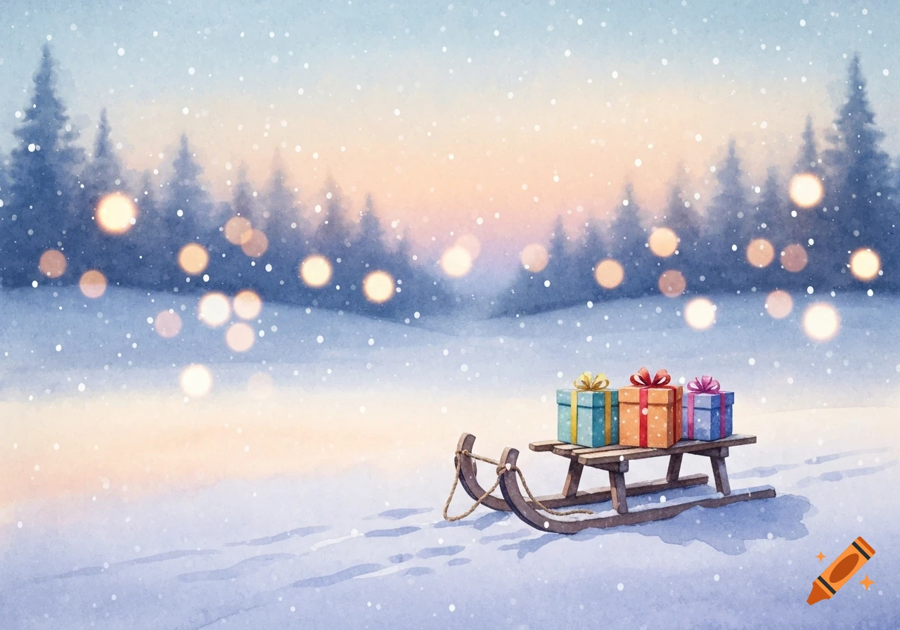 A watercolor winter landscape at dusk with falling snow. A wooden sled holds three wrapped gifts, with blurred lights and pine trees in the background.