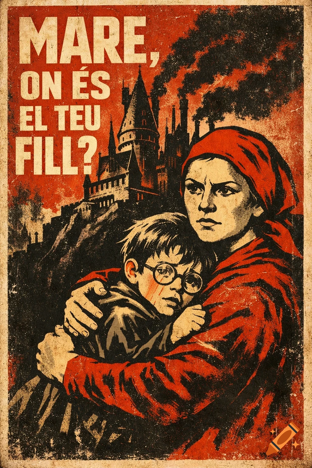 Propaganda poster of a stoic woman in red embracing a boy in front of a dark, smoking castle, with Catalan text.