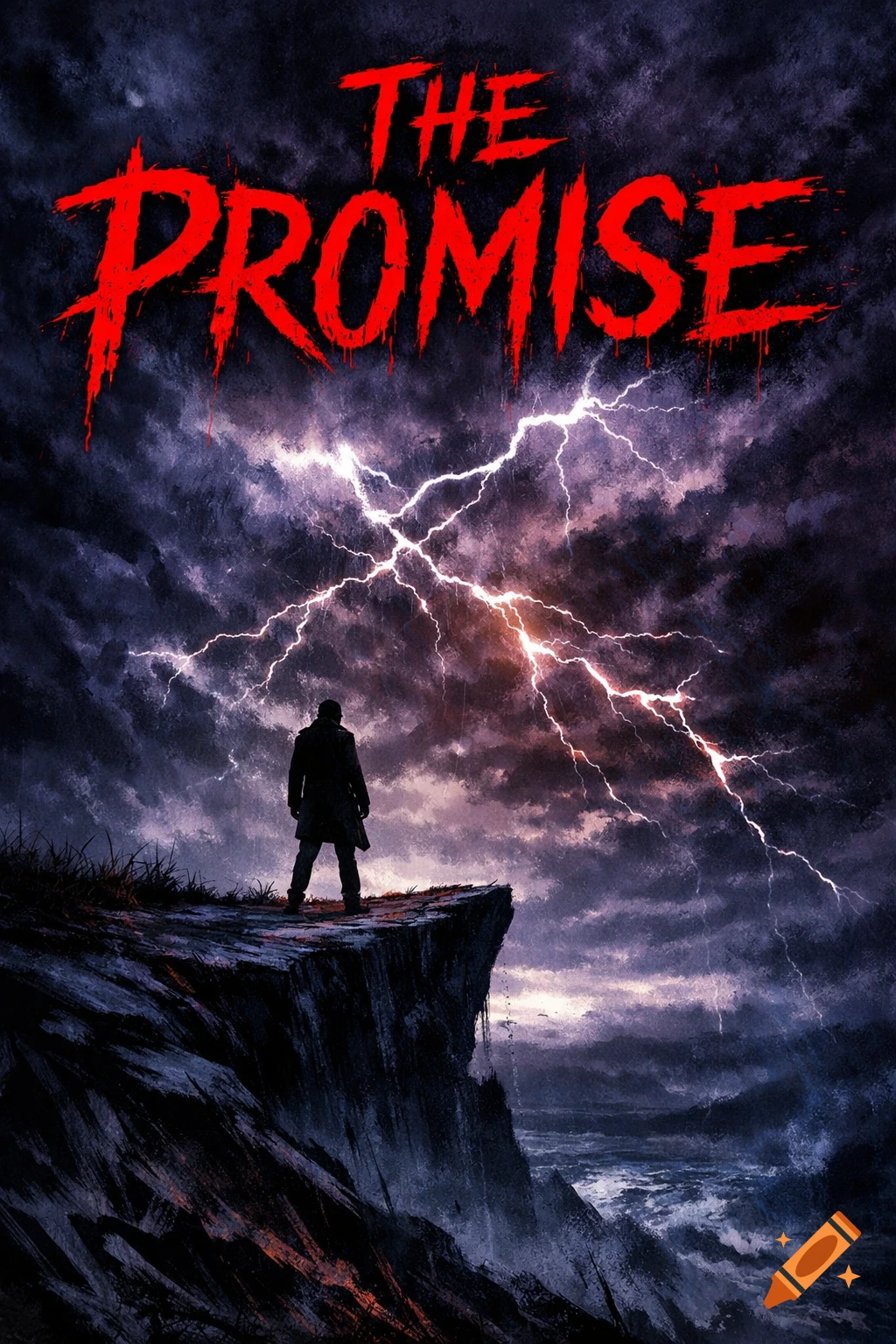 A person in a trench coat stands on a cliff overlooking a stormy sea with lightning, beneath the title 'THE PROMISE'.