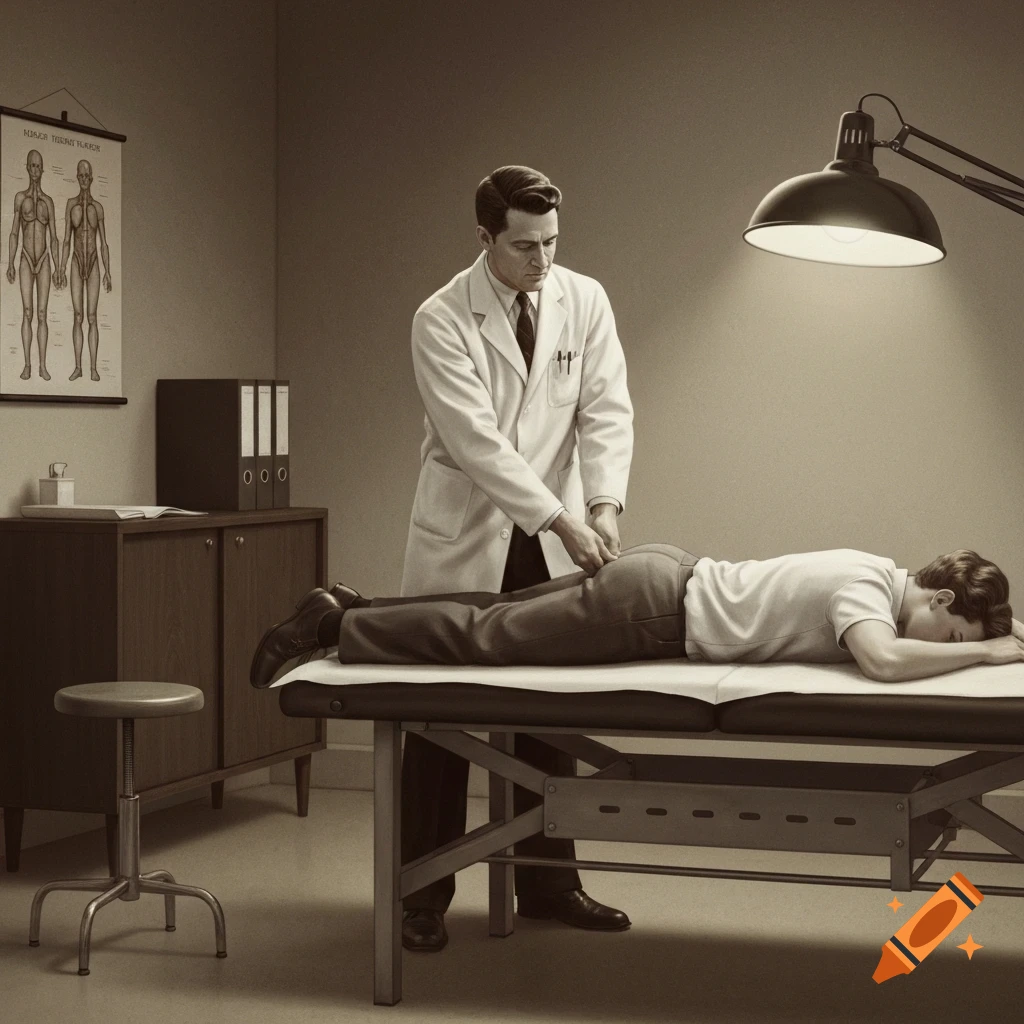A sepia-toned image of a chiropractor in a white coat adjusting the low back of a patient lying face down on an examination table in a 1950s-style office.