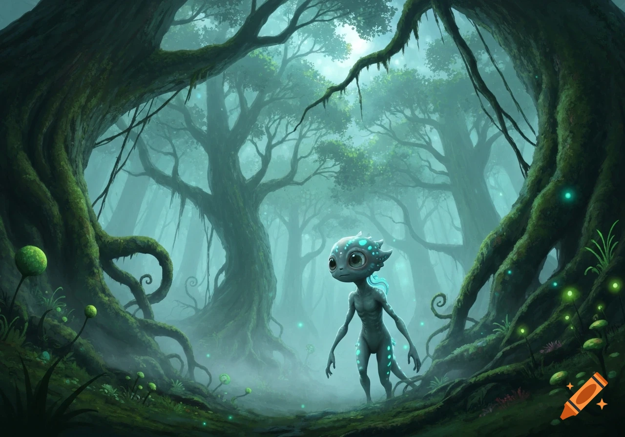 A small, cute, gray alien with large eyes and bioluminescent blue markings stands in a magical, misty green forest with moss-covered trees and glowing plants.