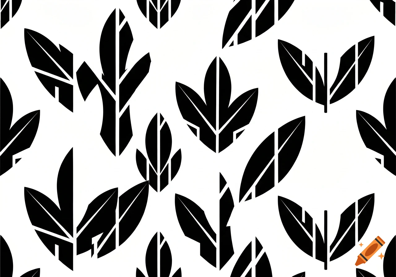 A seamless black and white pattern featuring stylized botanical leaves.