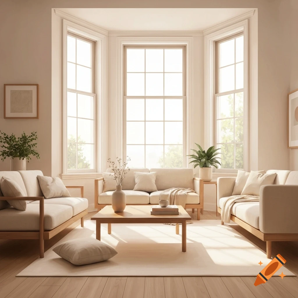 A bright, minimalist living room with light-colored couches, a wooden coffee table, a rug, and large bay windows, bathed in sunlight.