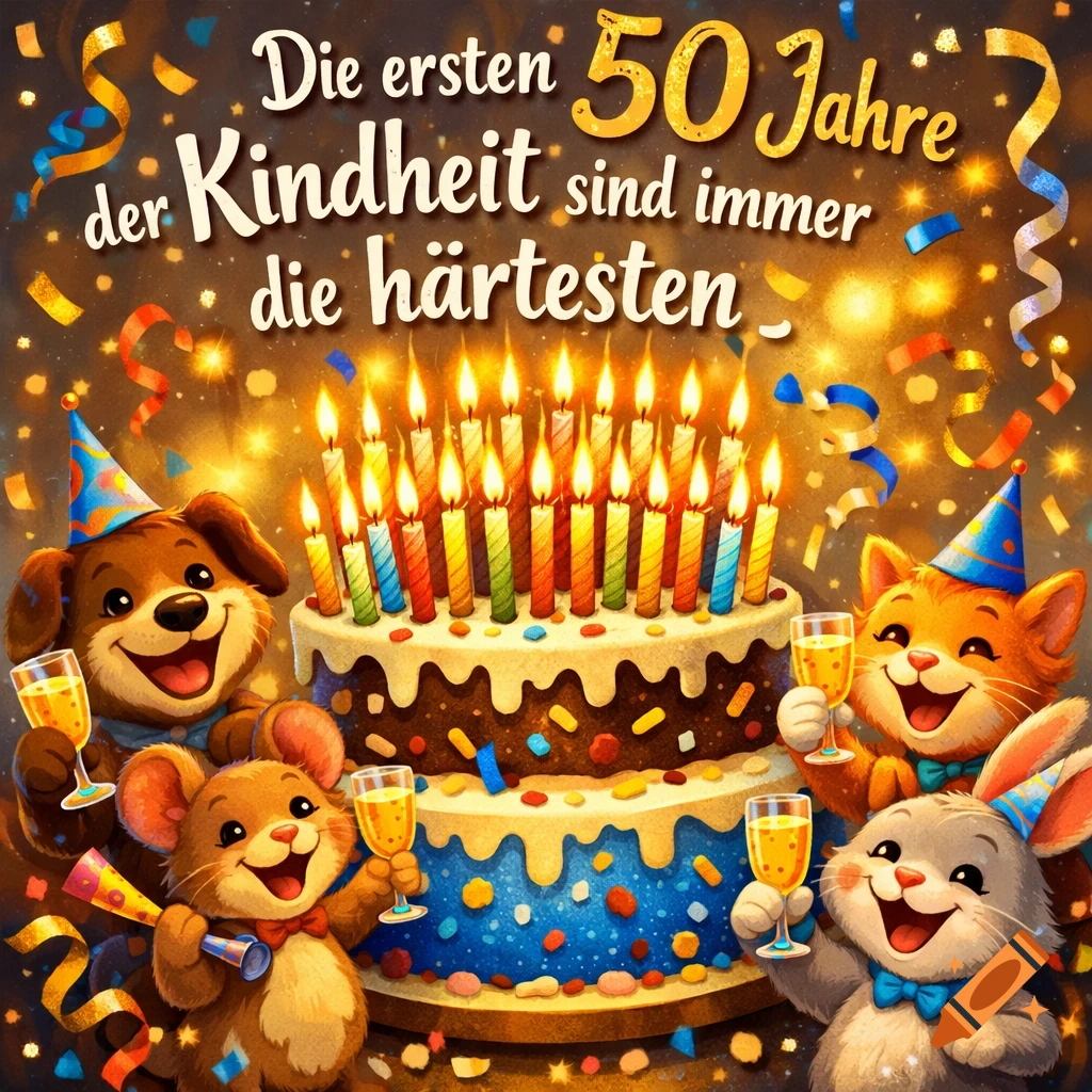 Cartoon dog, cat, mouse, and rabbit celebrate a 50th birthday with a cake, candles, confetti, and German text.