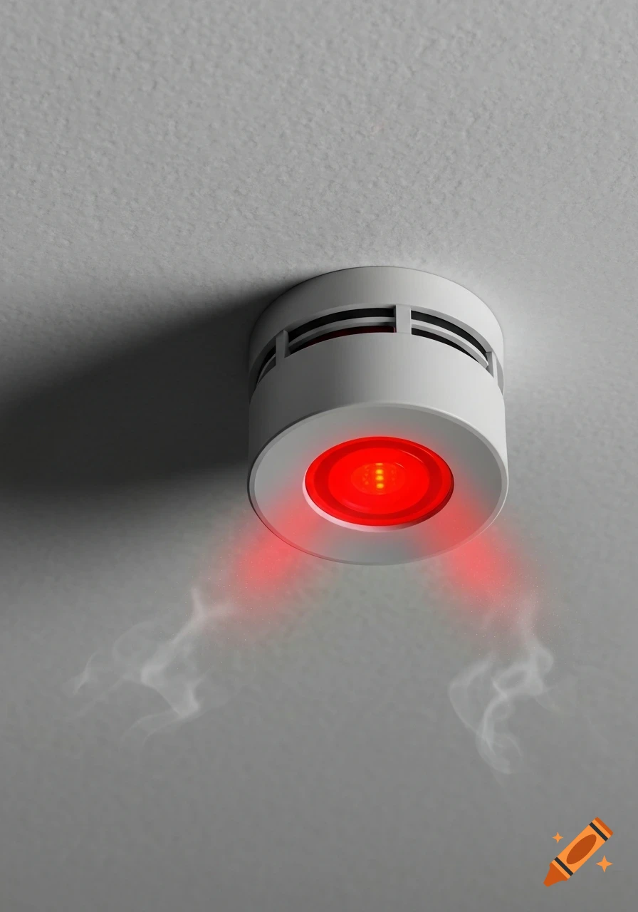 A white smoke detector with a glowing red light and wisps of smoke attached to a light ceiling.
