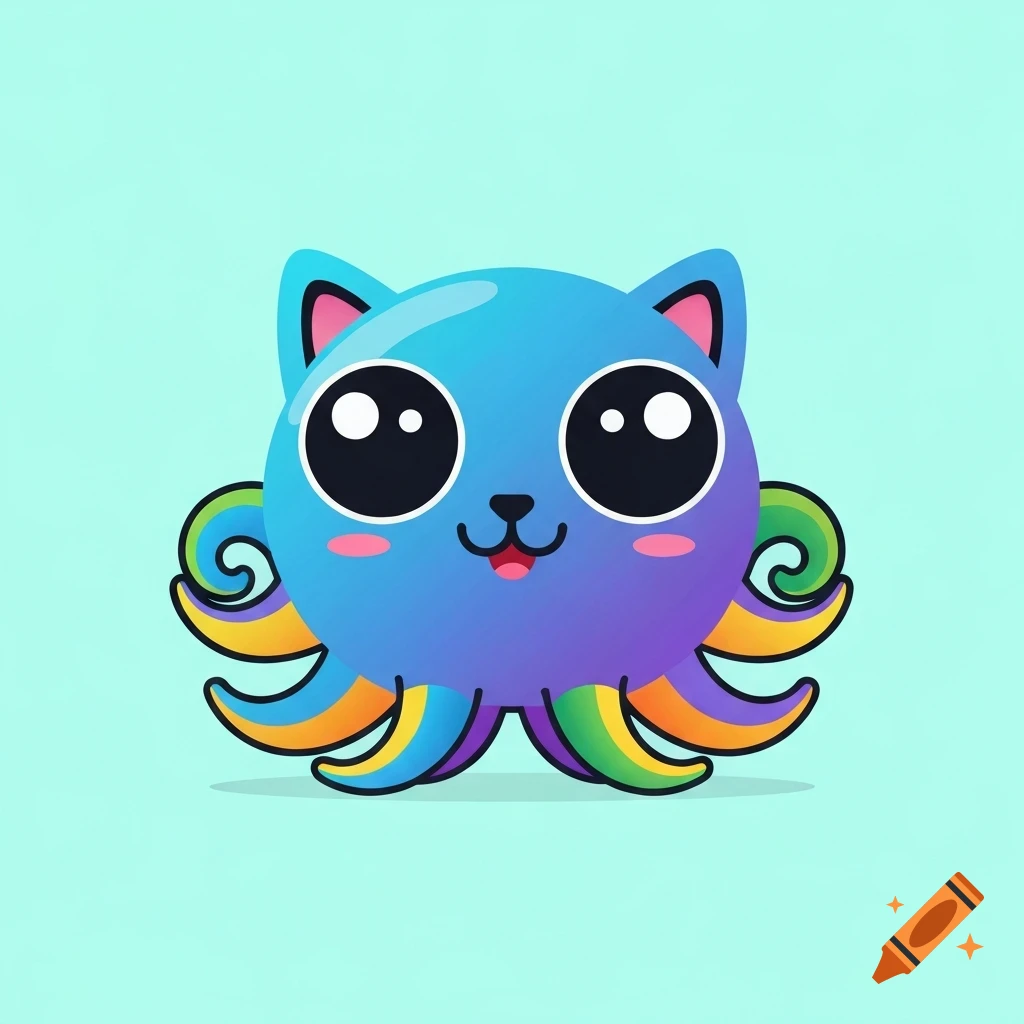 A cute, blue, purple, and rainbow-colored cat-octopus hybrid with big black eyes and a happy smile, in a minimalist flat vector style on a light background.
