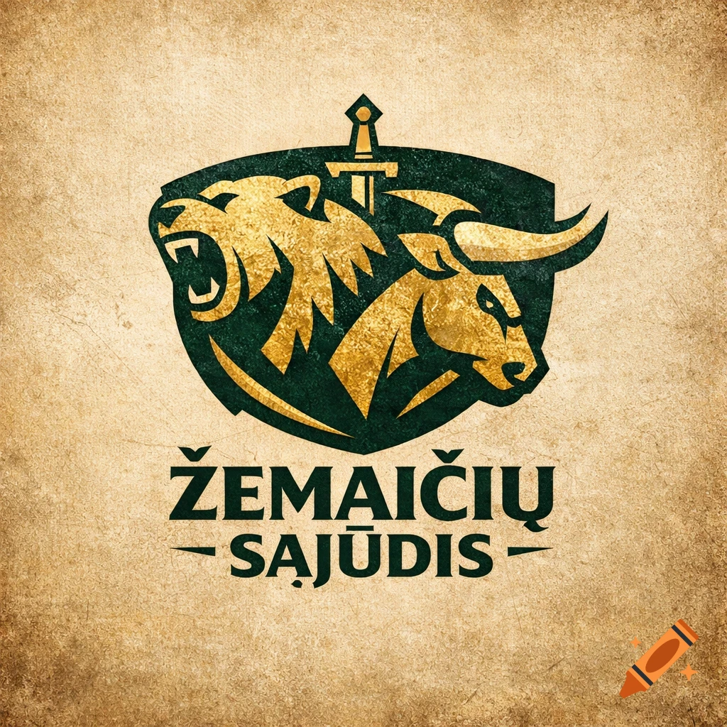 A political logo featuring a golden roaring lion and a bull head on a dark green shield with a sword on top, over distressed beige paper. Text reads 'ŽEMAIČIŲ SĄJŪDIS'.