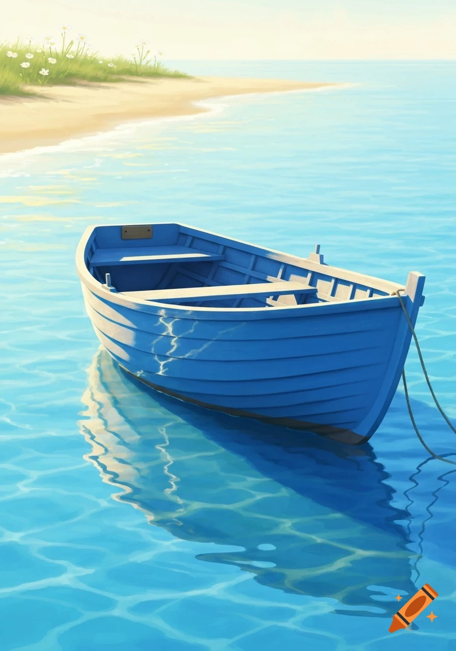 A tranquil illustration of a blue rowboat floating on clear blue water near a sandy beach with green grass and white flowers.
