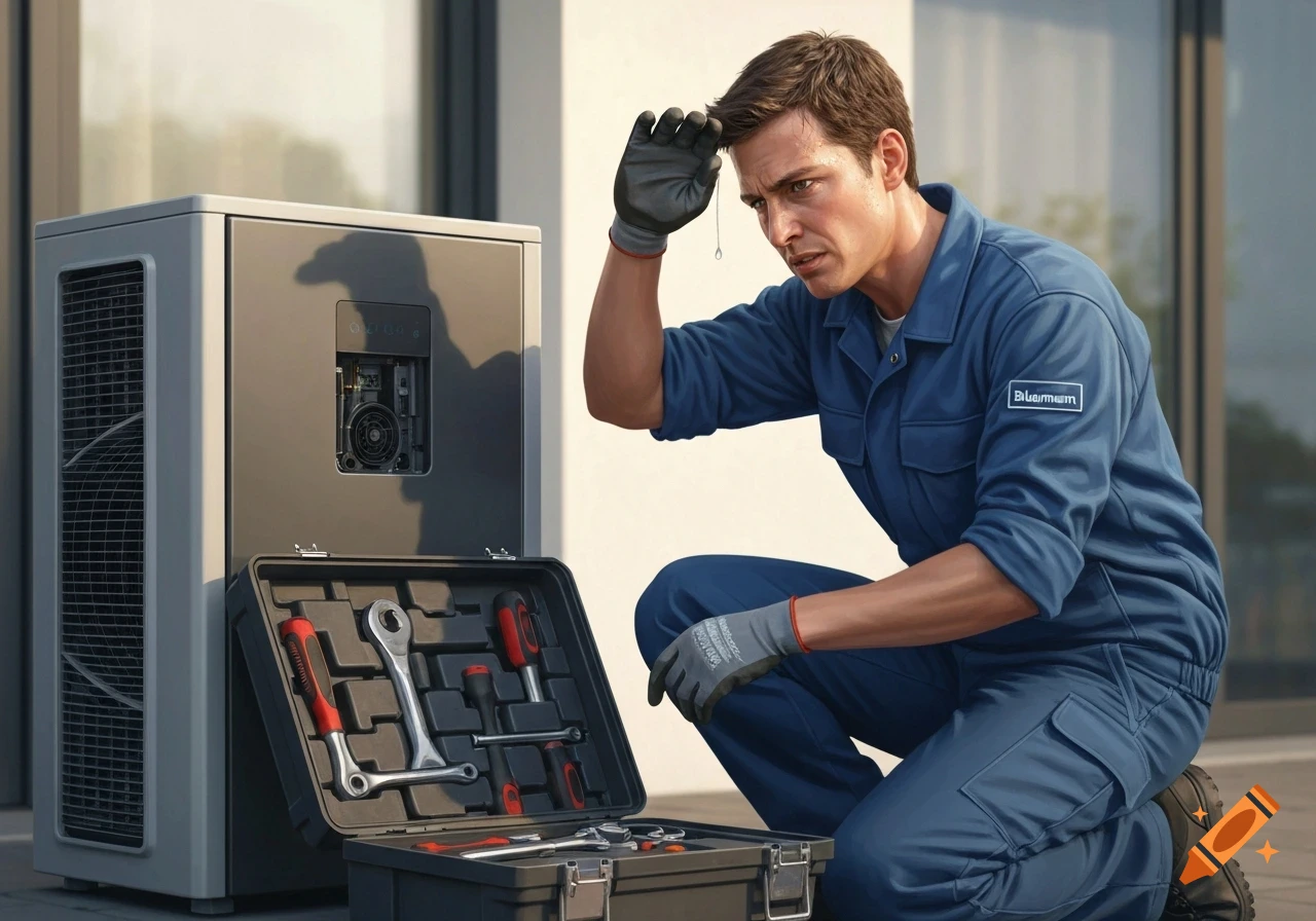 A sweating male technician in blue overalls kneels next to an outdoor heat pump with an open toolbox, wiping his brow. Photorealistic.