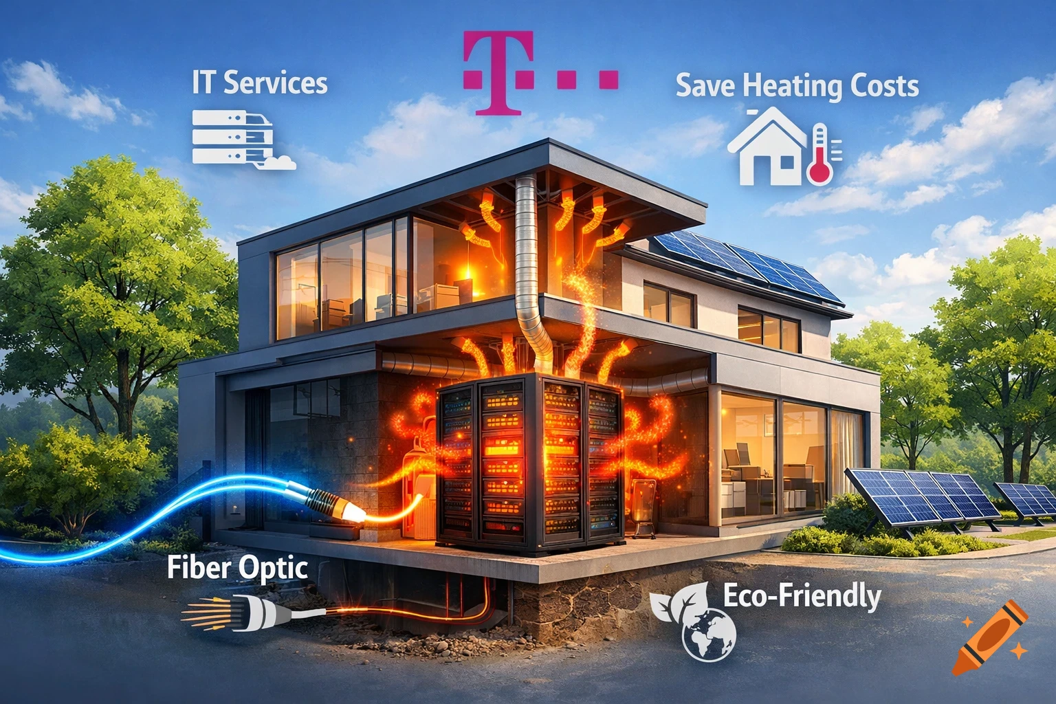 A modern house with a server rack emitting heat, connected by fiber optic cable. Solar panels and trees emphasize eco-friendly IT services.