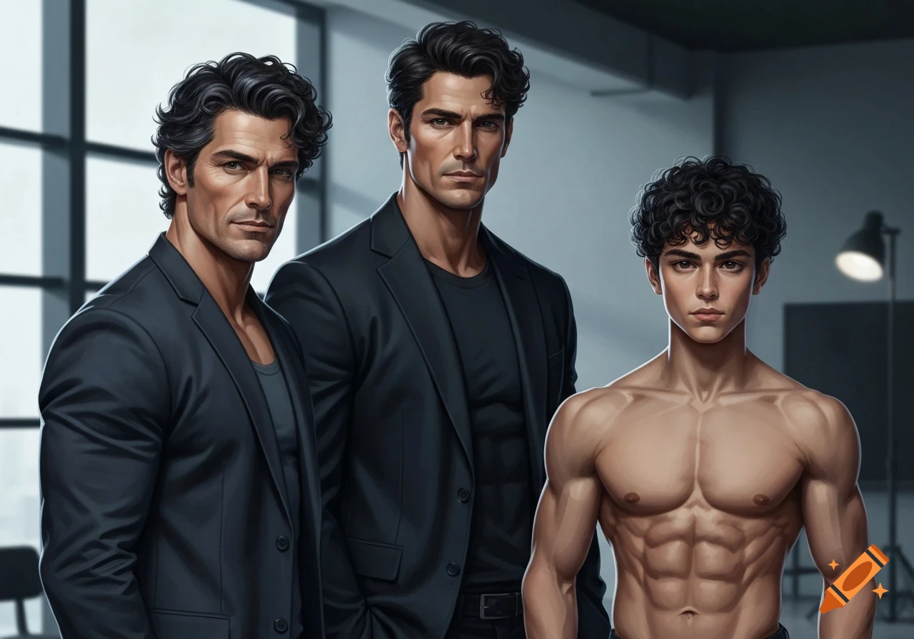 A stylized digital art portrait of three attractive men with dark, curly hair. Two men wear black suits, while a younger man stands shirtless, showcasing a muscular physique.