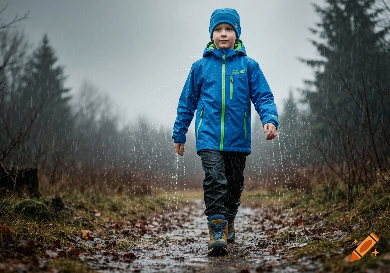 A young boy in a blue rain jacket and hat walks on a muddy path through a rainy forest.