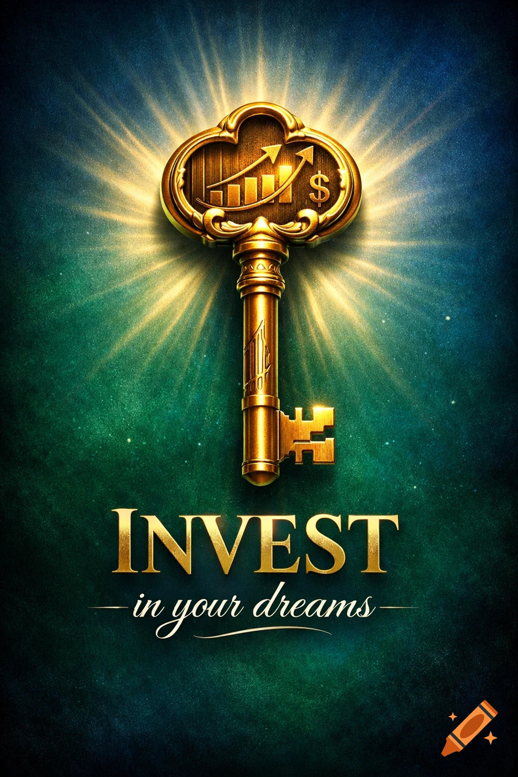 A glowing golden ornate key with financial growth symbols against a radiant green and blue background, text 'INVEST in your dreams'.