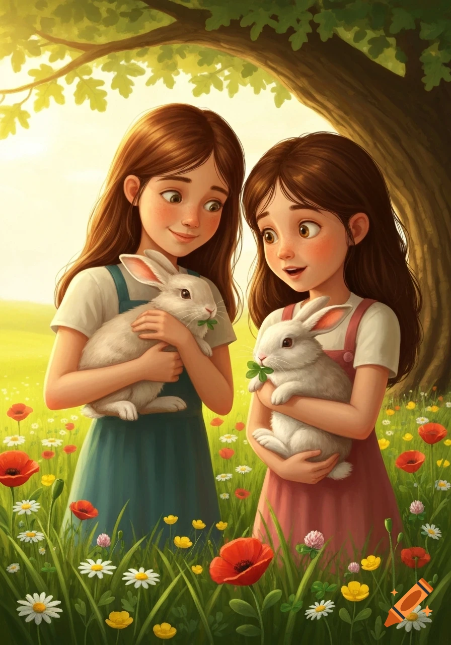 Illustrated scene of two girls with brown hair holding white rabbits in a sunny, flower-filled field under a tree.