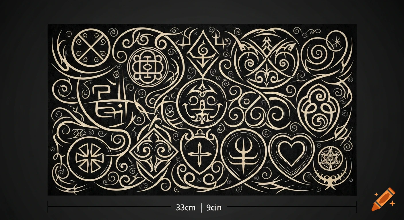 A monochrome tribal art pattern featuring various intricate symbols and swirling designs on a dark background.