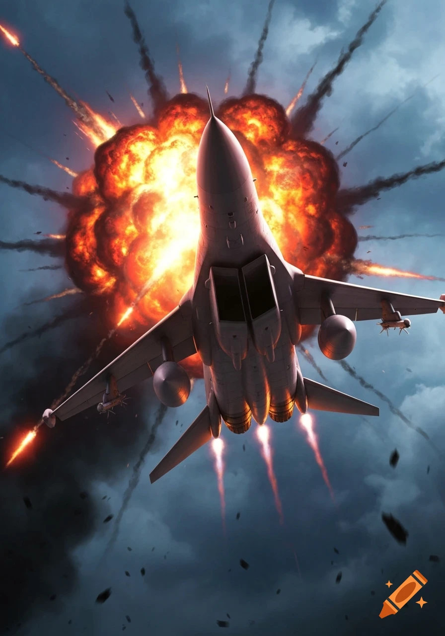 A fighter jet with glowing engines flies away from a massive fiery explosion against a dark, cloudy sky.