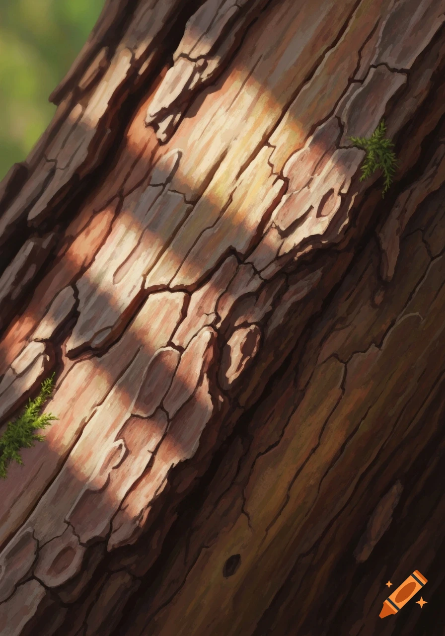 Close-up, painterly view of rough tree bark with patches of sunlight and green moss.