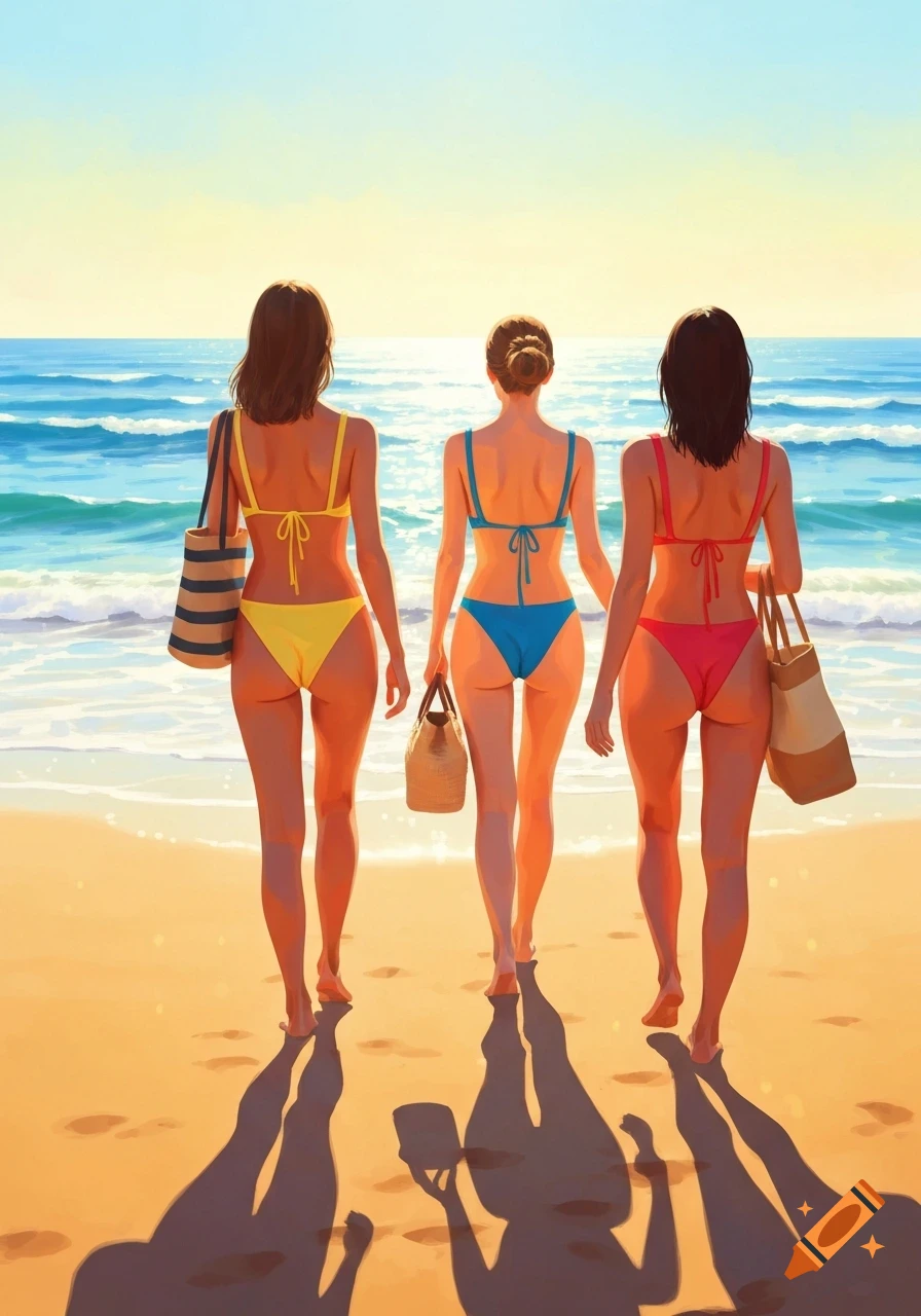Three women in colorful bikinis and carrying beach bags walk away from the viewer on a sunny beach towards the ocean.