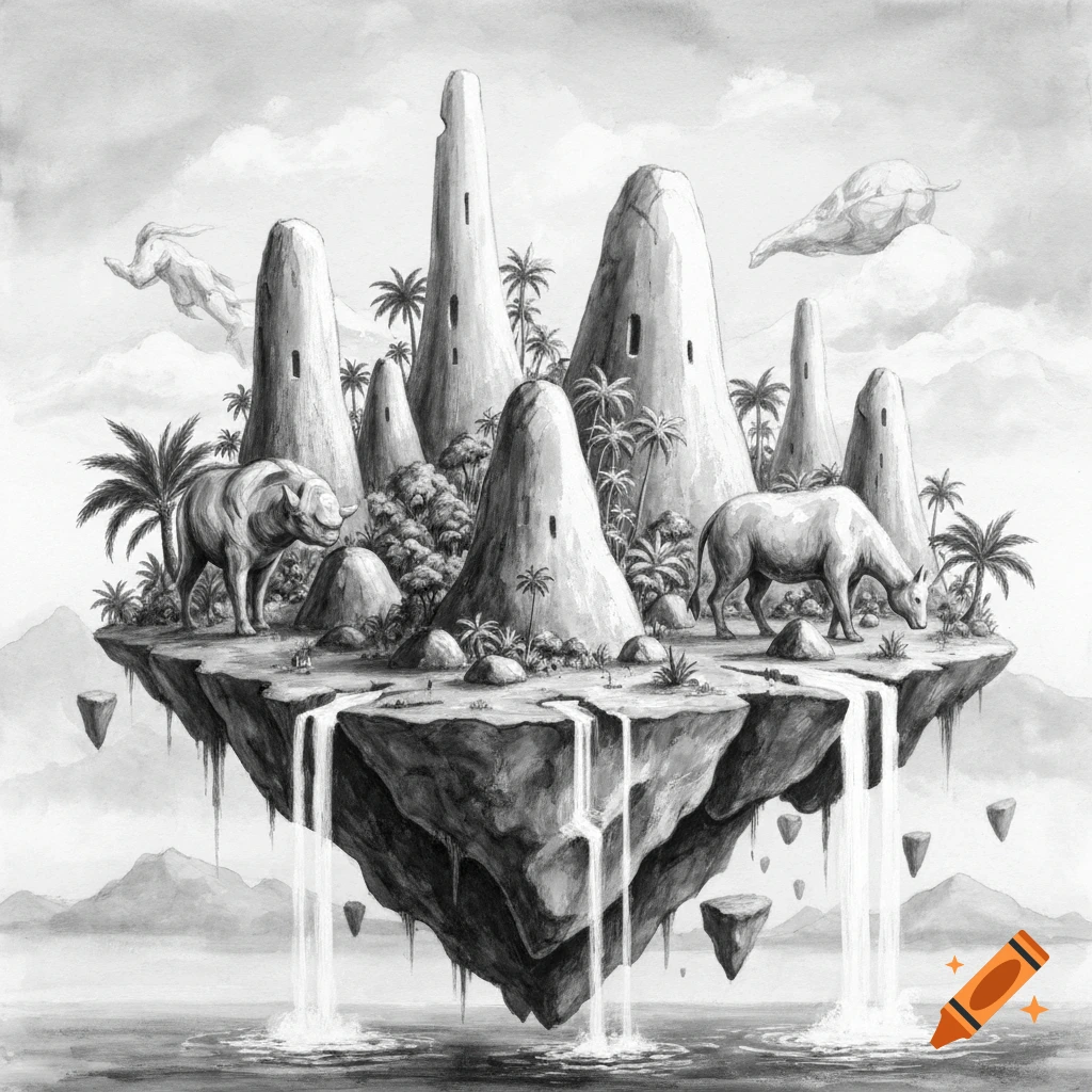 Black and white illustration of a floating island with cone-shaped structures, palm trees, waterfalls, and large cow-like animals.