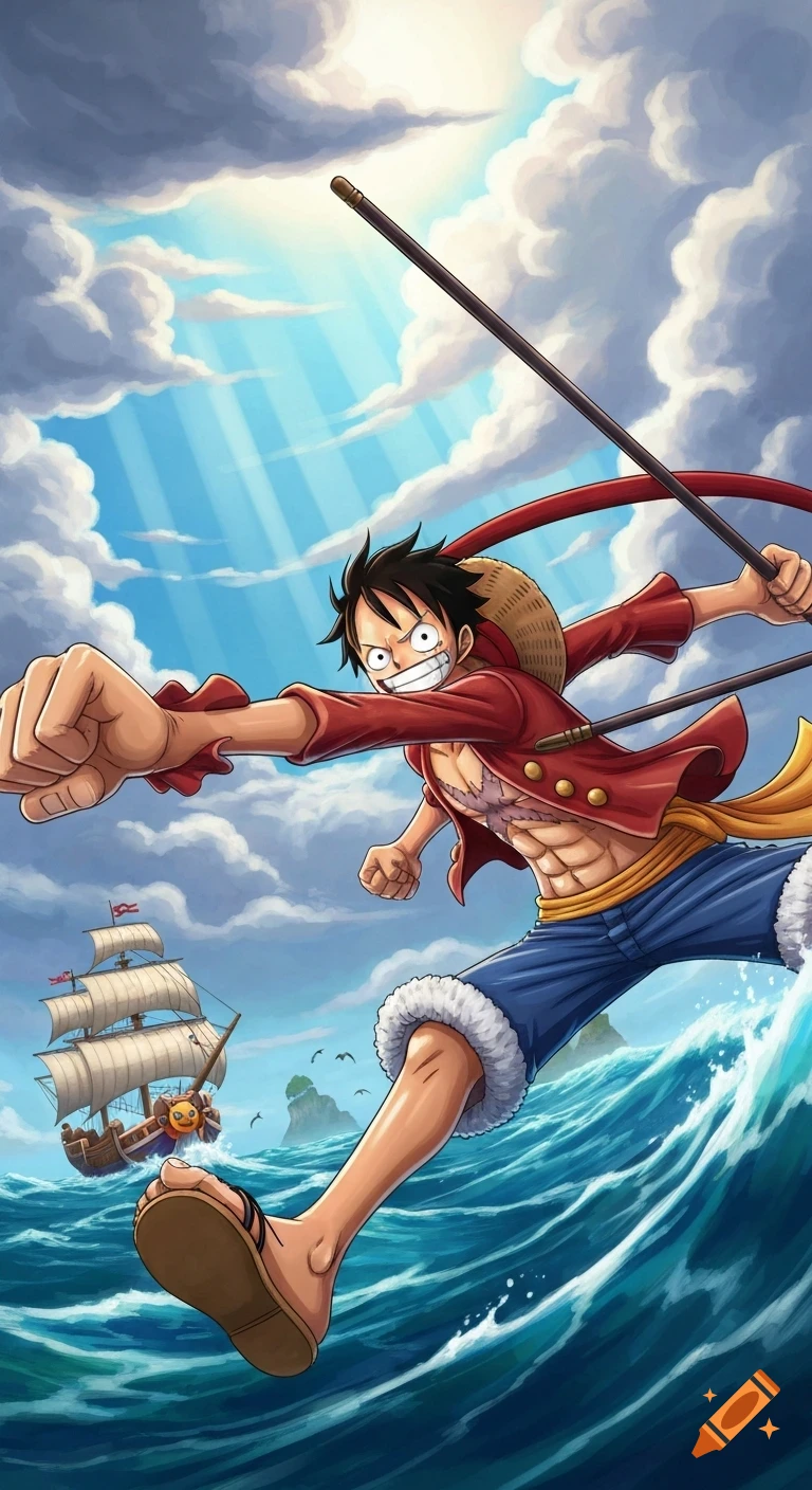 Anime character Monkey D. Luffy leaps over ocean waves under a cloudy sky, with a sailing ship in the background.