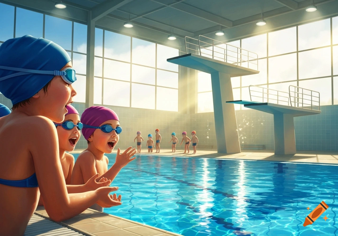 Excited children in swim caps and goggles at the edge of an indoor swimming pool with diving boards, in an illustrated style.